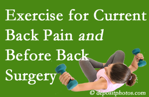 San Jose exercise benefits patients with non-specific back pain and pre-back surgery patients though it is not often prescribed as much as opioids.